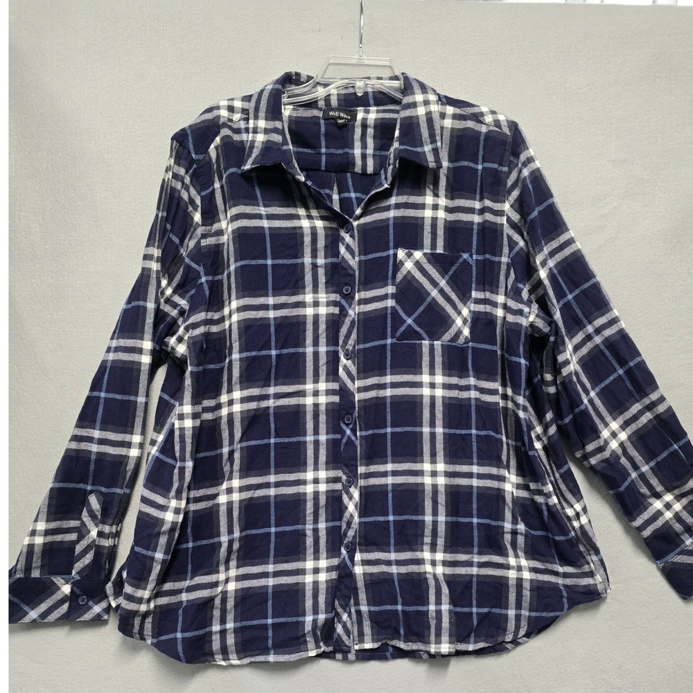 Womens Well Worm XXL Plaid Long Sleeve Button Up Shirt Navy White Casual Shirt - Picture 2 of 8